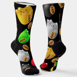 Fun Colourful Maneki-neko cats pattern on black Socks