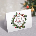 Fun Colourful Merry Christmas Holly Script Holiday Card<br><div class="desc">Fun,  festive and colourful Merry Christmas greeting in unique swirly ornamental typography in green and red on custom label with decorative dividers and holly border. Inside features editable text fields and additional divider ornament.</div>