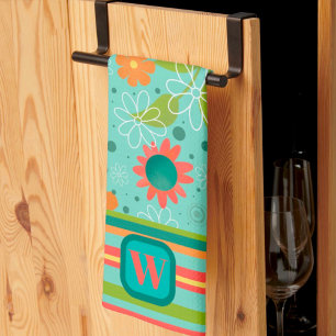 Fun Colourful Monogram Initial Striped Floral Tea Towel