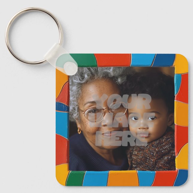 Fun Colourful Mosaic Border Pattern for Your Photo Key Ring (Front)