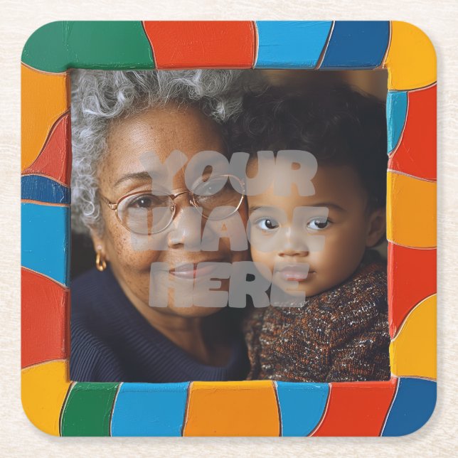 Fun Colourful Mosaic Border Pattern for Your Photo Square Paper Coaster (Front)