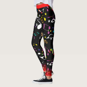 FUN Colourful Musical Notes and Red Trim on BLACK Leggings
