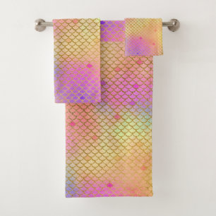 Fun Colourful Ombre Pastel Mermaid Pattern Bath Towel Set