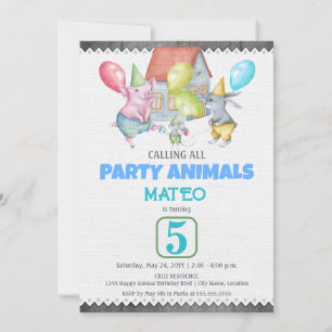 Fun Colourful Party Animals Birthday Invitation