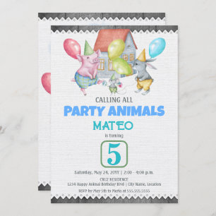 Fun Colourful Party Animals Birthday Invitation