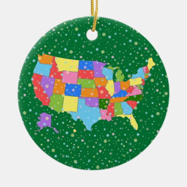 Fun Colourful Pastel Snowflakes and Map of the USA Ceramic Ornament (Front)