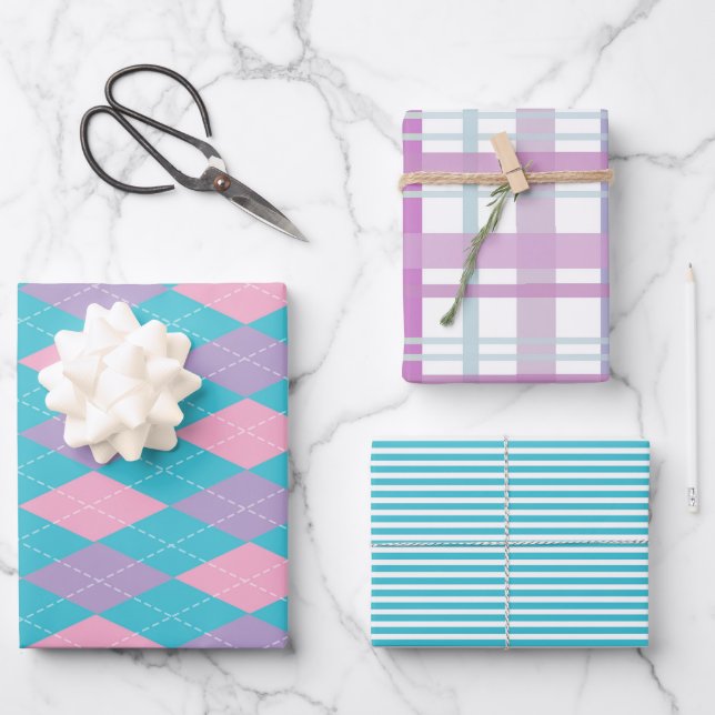 Fun colourful patterns wrapping paper set (Front)