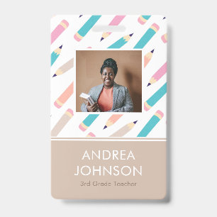 Fun Colourful Pencil Pattern Primary Teacher Photo ID Badge