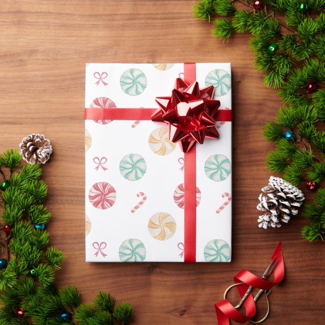 Fun Colourful Peppermint Wheel & Candy Canes Wrapping Paper (Holiday Gift)