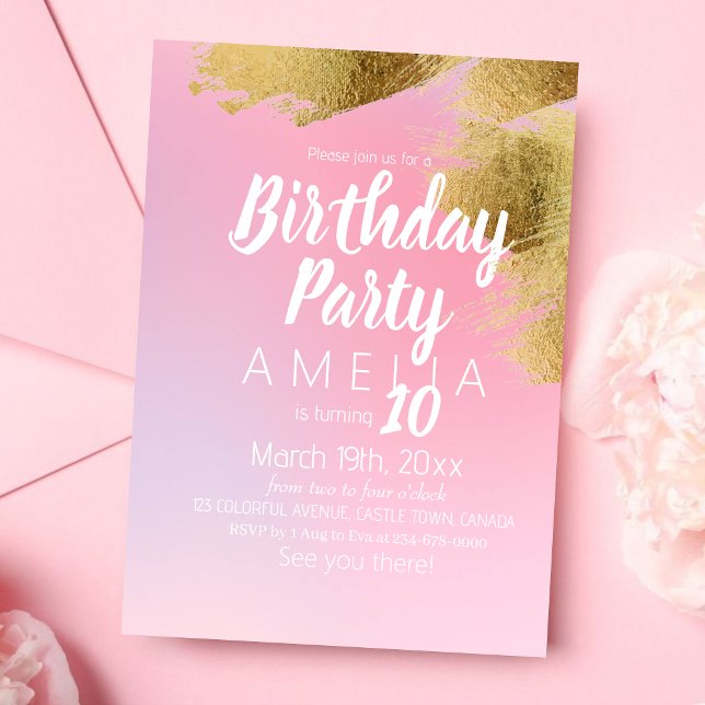 Fun Colourful Pink Gold Modern Kids Birthday Party Invitation (Creator Uploaded)