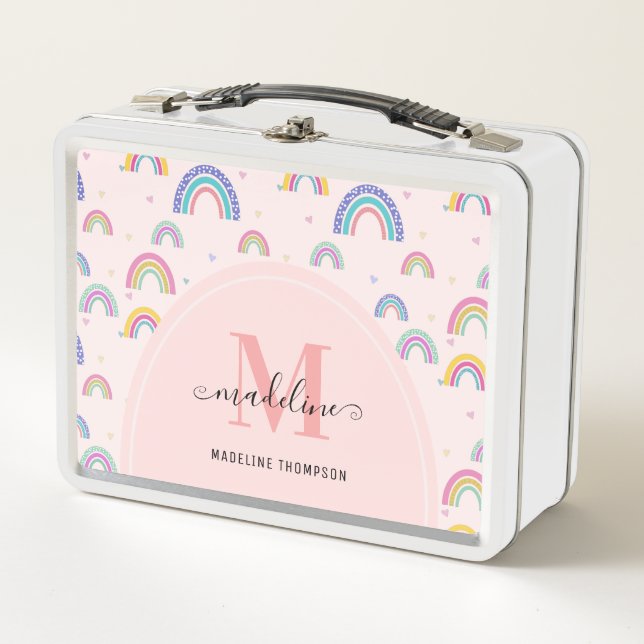 Fun Colourful Pink Rainbow Girly Monogram Metal Lunch Box (Front)