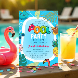 Fun & Colourful Pool Party Palm Swimming Birthda Invitation