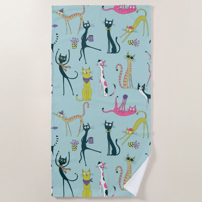 Fun Colourful Quirky Cats Pattern Beach Towel (Front)