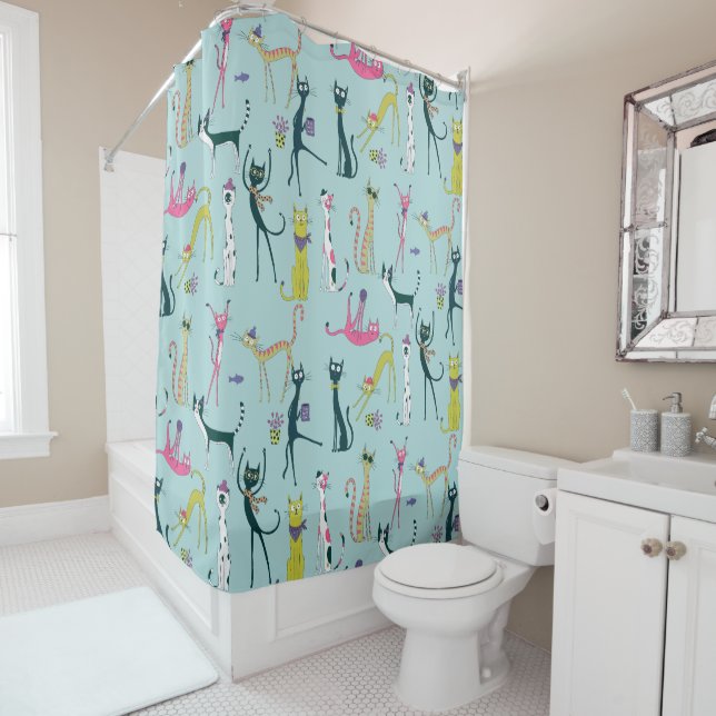 Fun Colourful Quirky Cats Pattern Shower Curtain (In Situ)