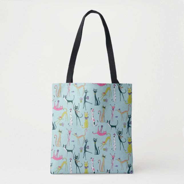 Fun Colourful Quirky Cats Pattern Tote Bag (Front)