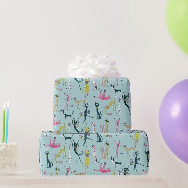 Fun Colourful Quirky Cats Pattern Wrapping Paper (Party Gifts)