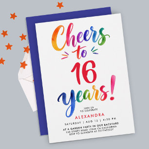 Fun Colourful Rainbow Cheers Watercolor Bold Scrip Invitation