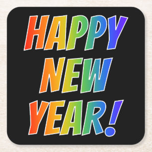 Fun, Colourful, Rainbow Spectrum "HAPPY NEW YEAR!" Square Paper Coaster