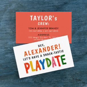 Fun Colourful Red Playdate Kid Modern Script Business Card