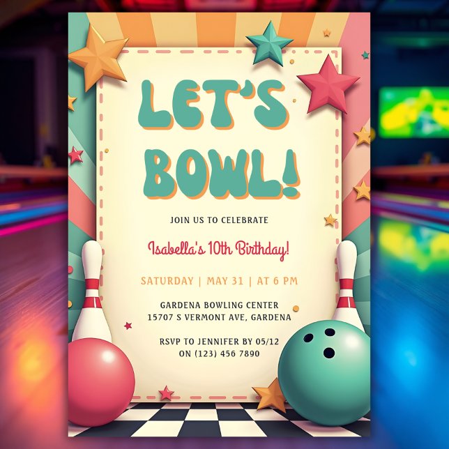 Fun Colourful Retro 50s Bowling Birthday Party Invitation (Fun Colorful Retro 50s Bowling Birthday Party Invitation)