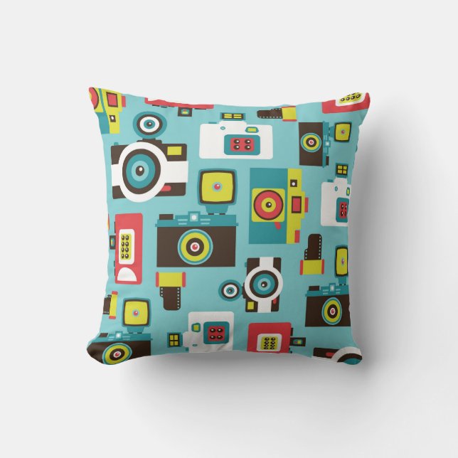 Fun Colourful Retro Lomo Cameras Pattern (Blue) Cushion (Front)