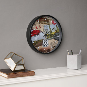 Fun Colourful Route 66 Collage Pattern Clock
