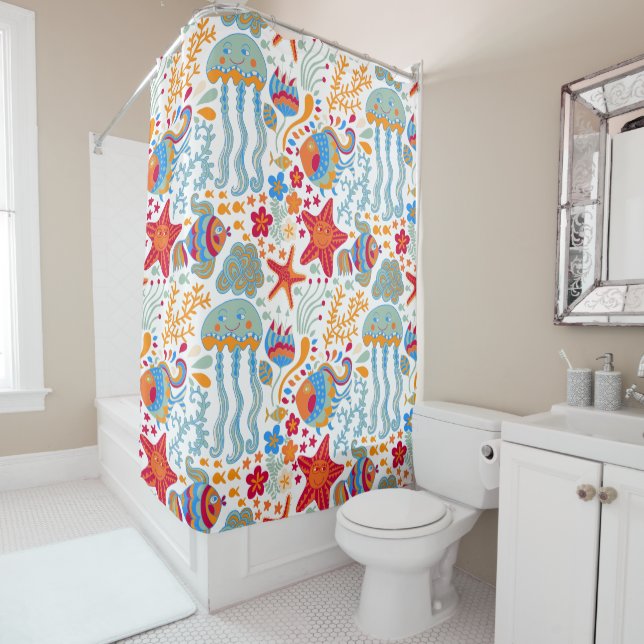 Fun Colourful Sea Animals Pattern Shower Curtain (In Situ)
