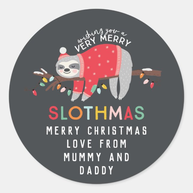 fun colourful sloth christmas classic round sticker (Front)