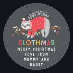 fun colourful sloth christmas classic round sticker<br><div class="desc">celebrate hanging out and chilling this christmas with this fun sloth design. Have a peaceful relaxed holiday season at a slower pace. Featuring a cute cartoon sloth with your message in colourful bold text making it extra special! part of a collection</div>