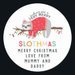 fun colourful sloth christmas classic round sticker<br><div class="desc">celebrate hanging out and chilling this christmas with this fun sloth design. Have a peaceful relaxed holiday season at a slower pace. Featuring a cute cartoon sloth with your message in colourful bold text making it extra special! part of a collection</div>
