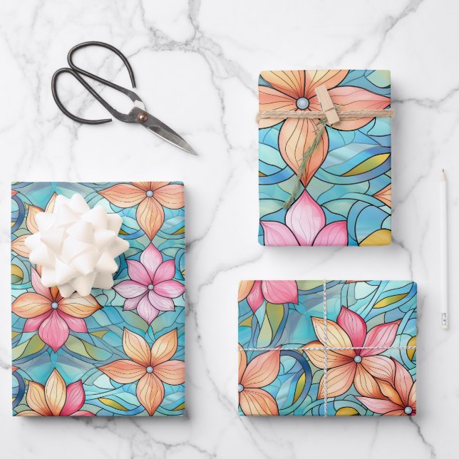 Fun Colourful Stained  Glass Window Flower Pattern Wrapping Paper Sheet (Front)