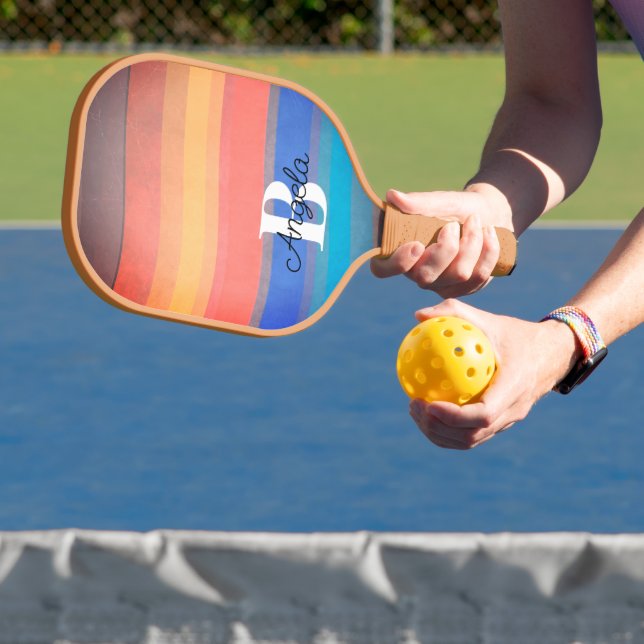 fun colourful stripes retro style add monogram  pickleball paddle (Insitu)