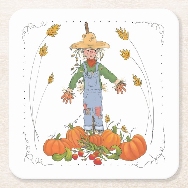 Fun Colourful Thanksgiving Scarecrow Pumpkin Patch Square Paper Coaster (Front)