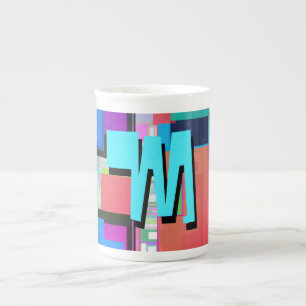 Fun Colourful Turquoise Blue Geometric Monogram Bone China Mug