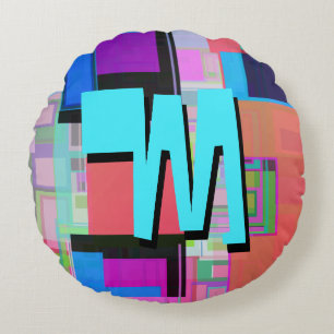Fun Colourful Turquoise Blue Geometric Monogram Round Cushion