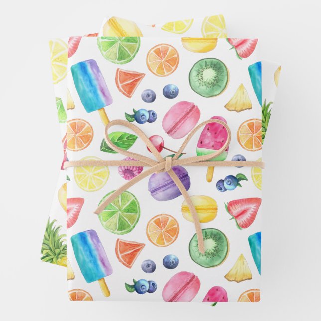 Fun Colourful Tutti Fruitti Tropical Wrapping Paper Sheet (In situ)