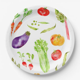 Fun colourful vegetables watercolor paper plate