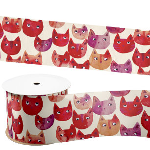 Fun Colourful Watercolor Cat Pattern Satin Ribbon