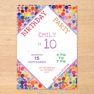 Fun Colourful Watercolor Paint Blots Kids Birthday Acrylic Invitations