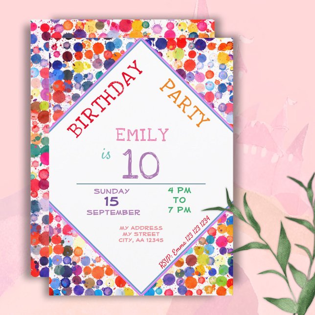 Fun Colourful Watercolor Paint Blots Kids Birthday Invitation (Creator Uploaded)