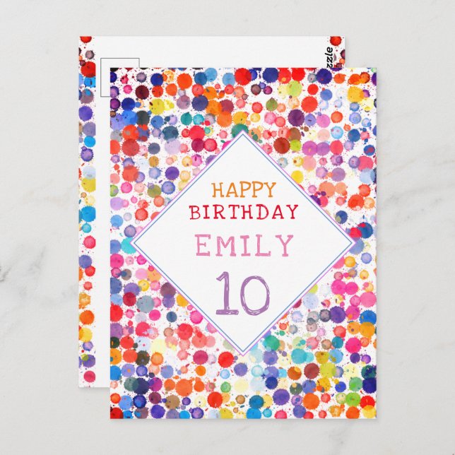 Fun Colourful Watercolor Paint Blots Kids Birthday Postcard (Front/Back)
