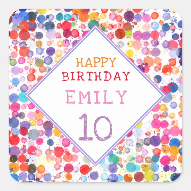 Fun Colourful Watercolor Paint Blots Kids Birthday Square Sticker (Front)