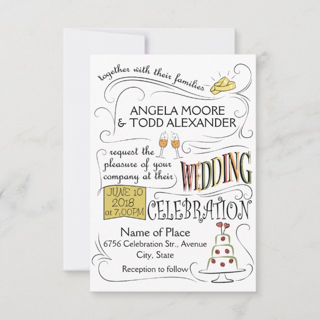 Fun, colourful wedding invitation design (Front)