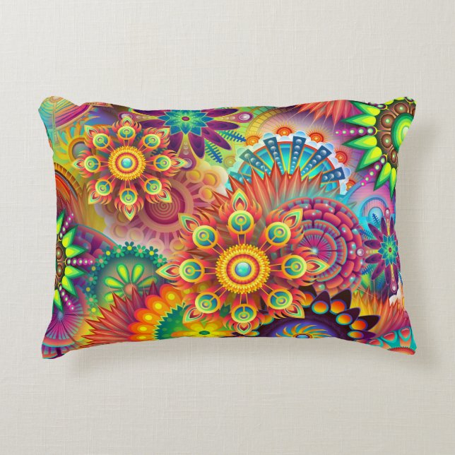 Fun Comfy Colourful Modern Boho Floral Decorative Cushion (Front)