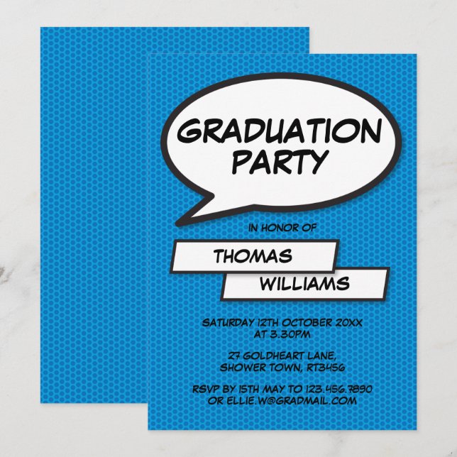 Fun Comic Book Blue Class of 2021 Graduation Party Invitation (Front/Back)