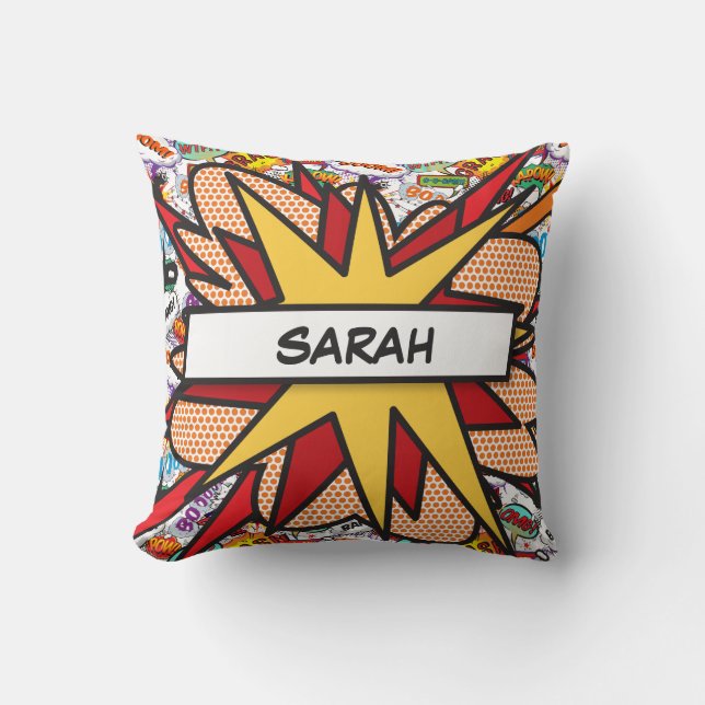 Fun Comic Book Personalised Name Colourful Cushion (Front)