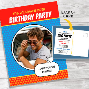 Fun Comic Style Any Age Birthday Party BBQ Blue Postcard