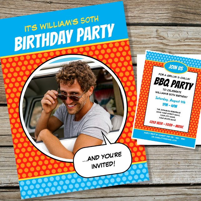 Fun Comic Style Any Age Birthday Party BBQ Orange Invitation (Creator Uploaded)