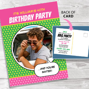 Fun Comic Style Any Age Birthday Party BBQ Pink Postcard