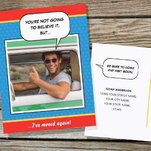 Fun Comic Style Moving House Custom Photo Blue Postcard